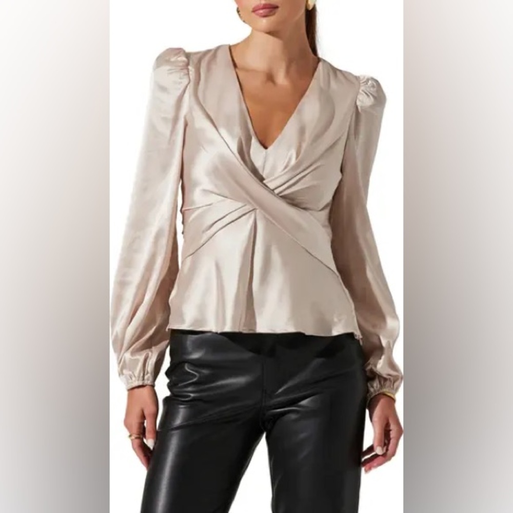 ASTR The Label Elegant Cream Satin Wrap Blouse